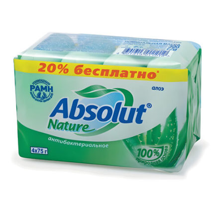 Мыло туалетное антибактериальное 300 г ABSOLUT (Абсолют) КОМПЛЕКТ 4 шт. х 75 г "Алоэ"
