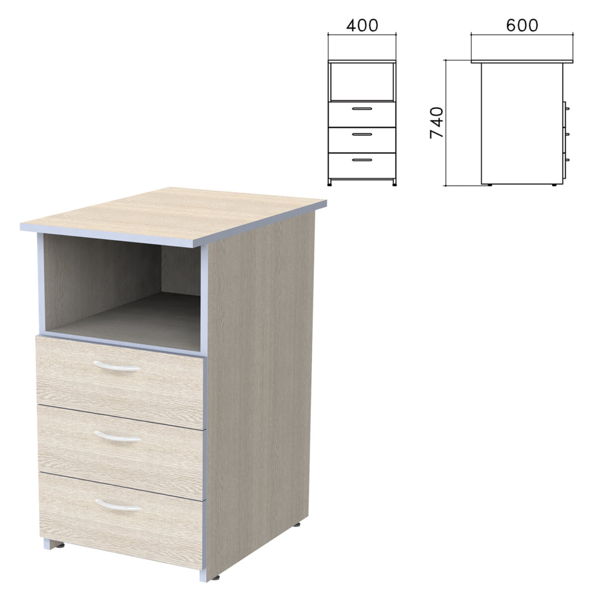 Тумба приставная "Бюджет", 400х600х740 мм, 3 ящика, полка, дуб шамони светлый, 402657-430 — изображение 1