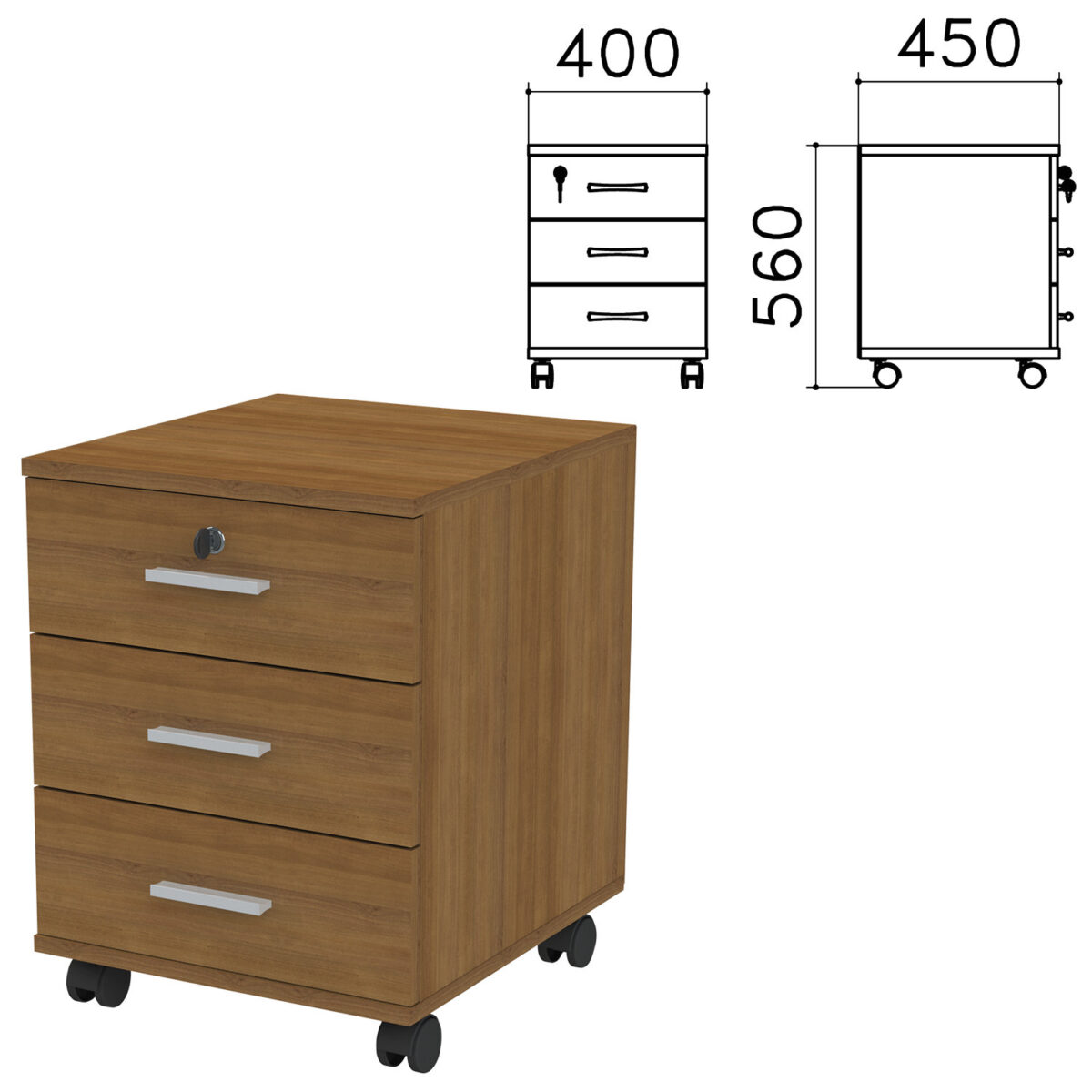 Тумба подкатная "Канц", 400х450х560 мм, 3 ящика, замок, цвет орех пирамидальный, ТК29.9 — изображение 1