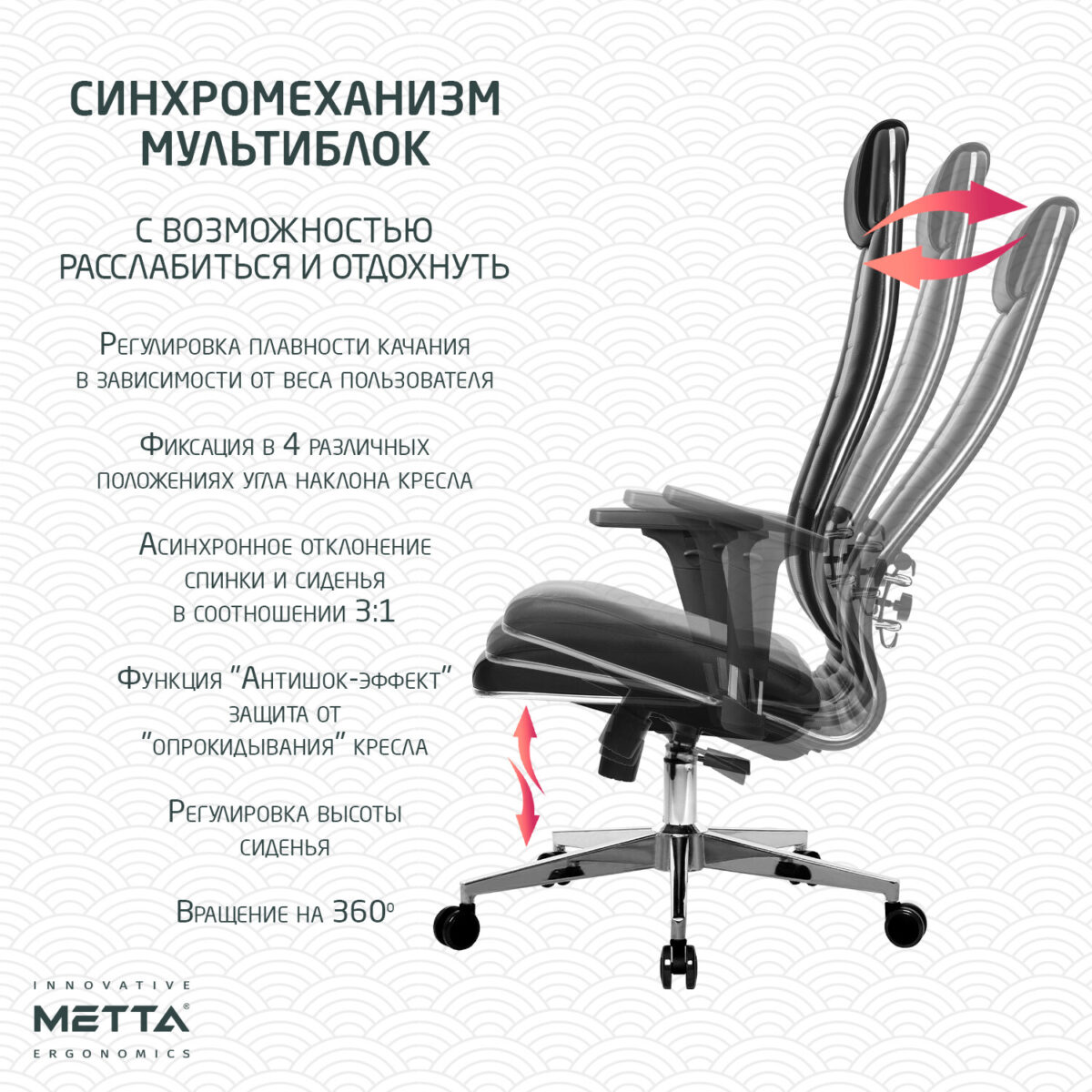 Кресло МЕТТА "ErgoLife" 10 B1-117D, хром, синхромеханизм, 2D-подлокотники, экокожа, черное — изображение 11