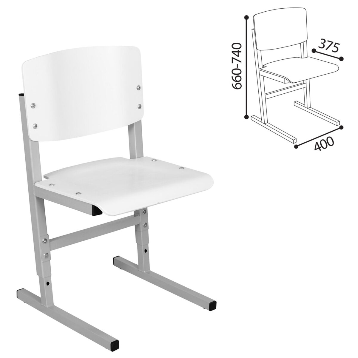 Стул ученический регулируемый СУТ.05-01, 400х375х660-740 мм, рост 4-6, серый каркас, фанера белая — изображение 3