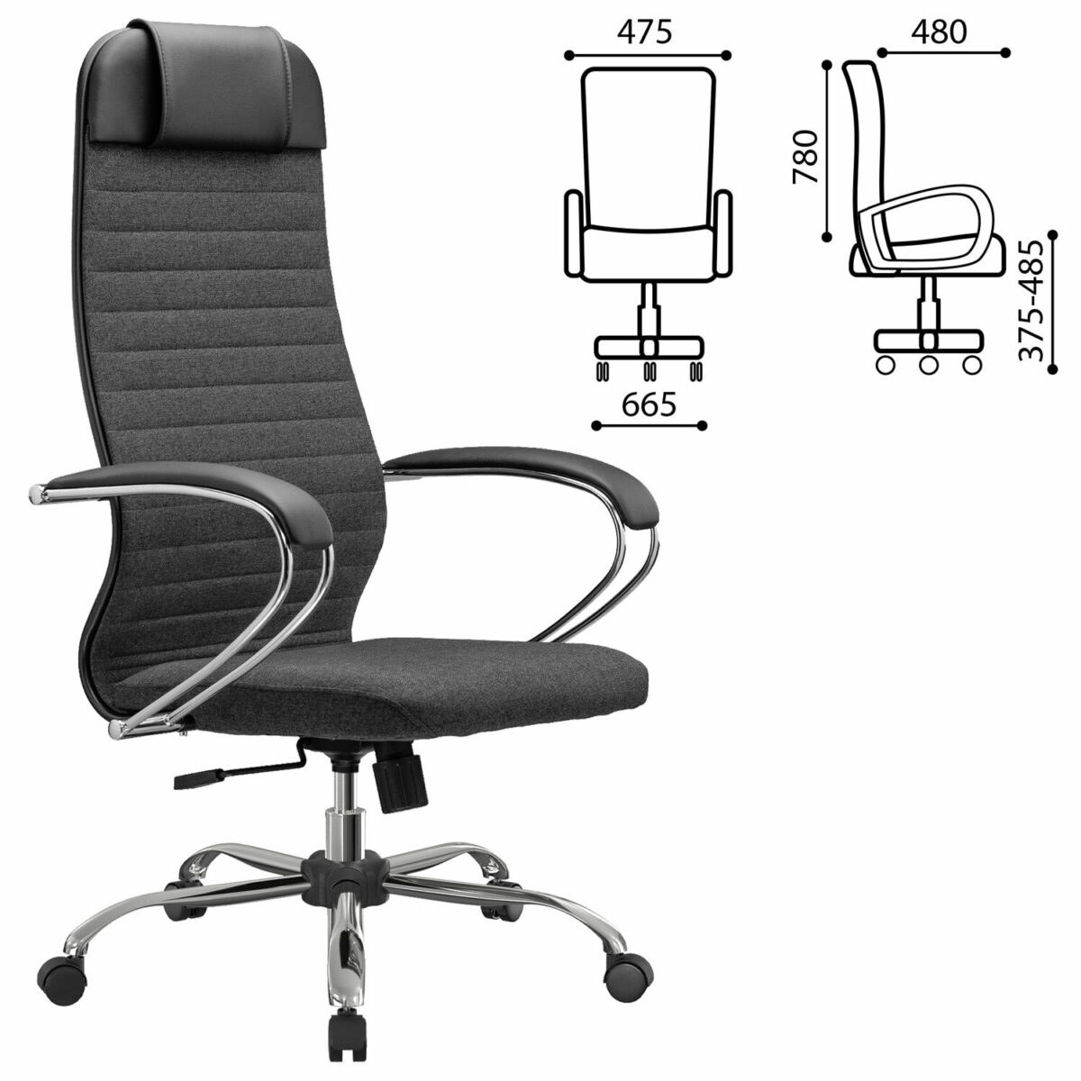 Кресло офисное МЕТТА "К-27" хром, ткань, сиденье и спинка мягкие, серое — изображение 3