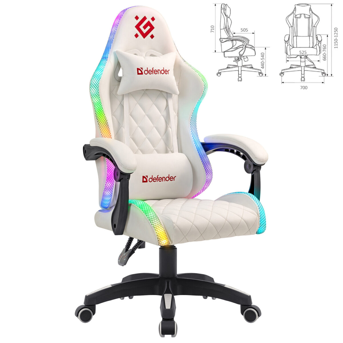 Кресло компьютерное DEFENDER "Energy", 2 подушки, RGB-подсветка, экокожа, белое, 64557 — изображение 2