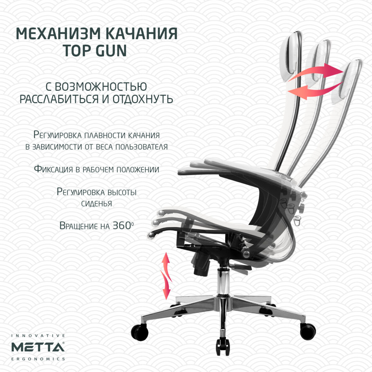 Кресло офисное МЕТТА "К-4-Т" хром, прочная сетка, сиденье и спинка регулируемые, белое — изображение 16