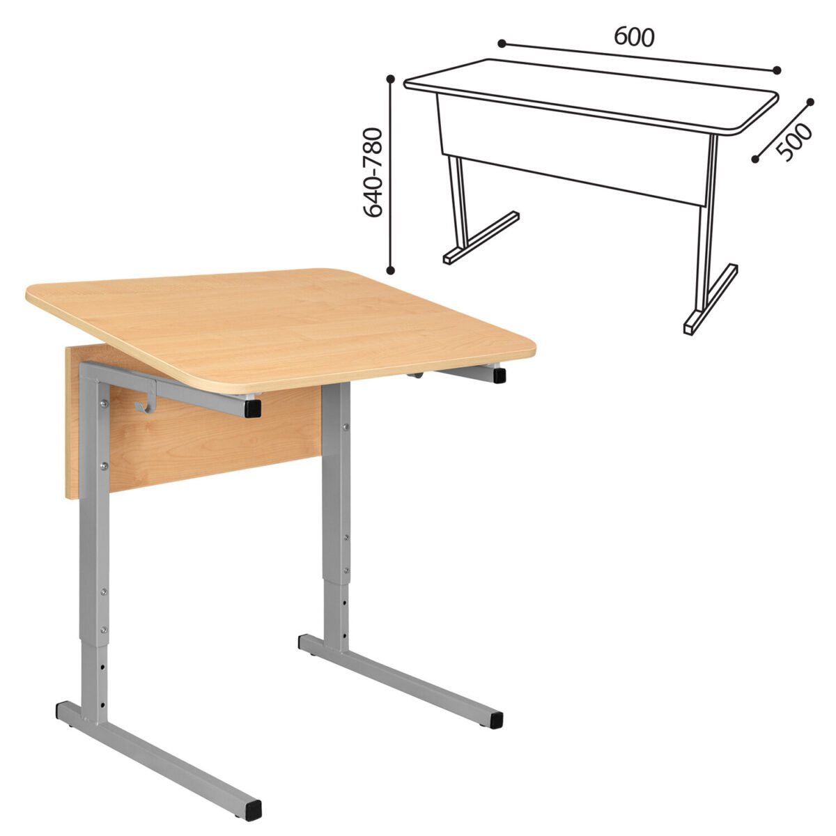 Стол-парта 1-местный, регулируемый угол, СУТ.54-01, 600х500х640-780 мм, рост 4-6, серый каркас, ЛДСП клён — изображение 5