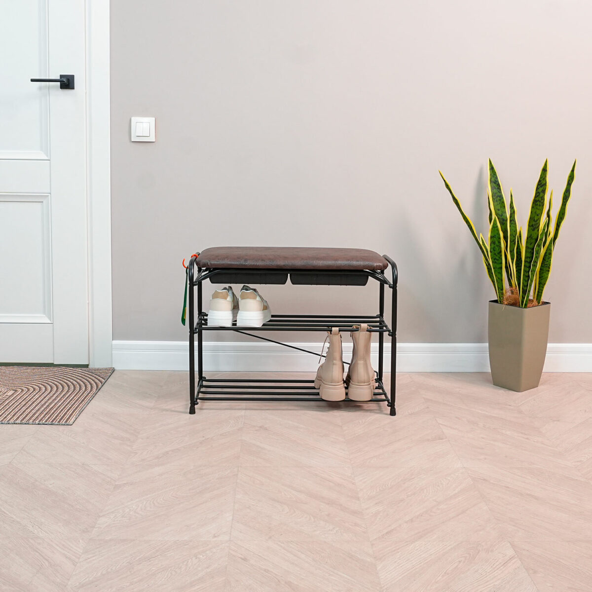 Банкетка для обуви "Альфа-23СЯ", 650х300х480 мм, 2 полки, ящик, металл/кожзам, черный/коричневый, ПДОА23СЯ Ч — изображение 4