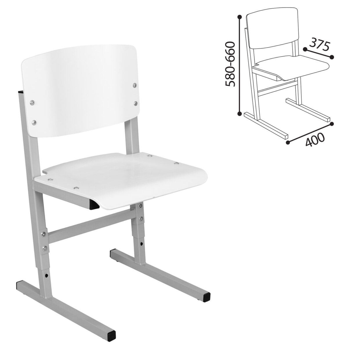 Стул ученический регулируемый СУТ.05, 400х375х580-660 мм, рост 2-4, серый каркас, фанера белая — изображение 3