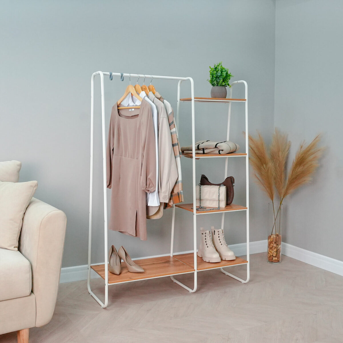Вешалка-стеллаж "Скандинавия-1", 1470х1100х385 мм, 5 полок, металл/ЛДСП, белая/дуб, ГСС1 Б — изображение 3