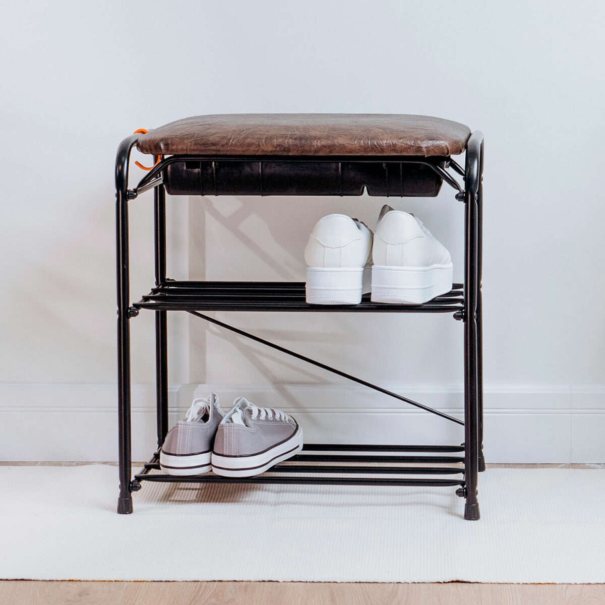 Банкетка для обуви "Альфа-13СЯ", 450х300х480 мм, 2 полки, ящик, металл/кожзам, черный/коричневый, ПДОА13СЯ Ч — изображение 3