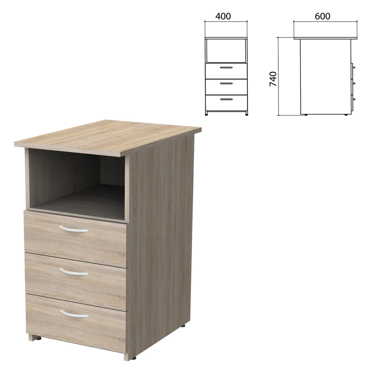 Тумба приставная "Бюджет", 400х600х740 мм, 3 ящика, полка, дуб сонома, 402657-091 — изображение 1