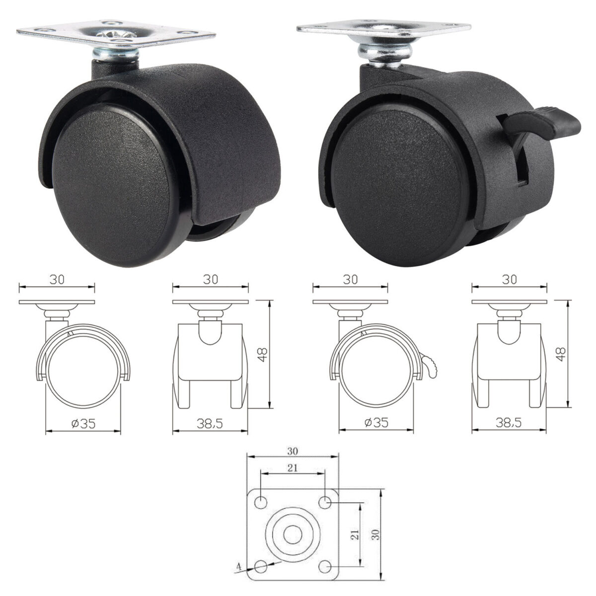 Колеса (ролики) для мебели, пластиковые d 35 мм, КОМПЛЕКТ 4 шт., черные, в пакете, WBZ (ВБЗ), 533090 — изображение 5