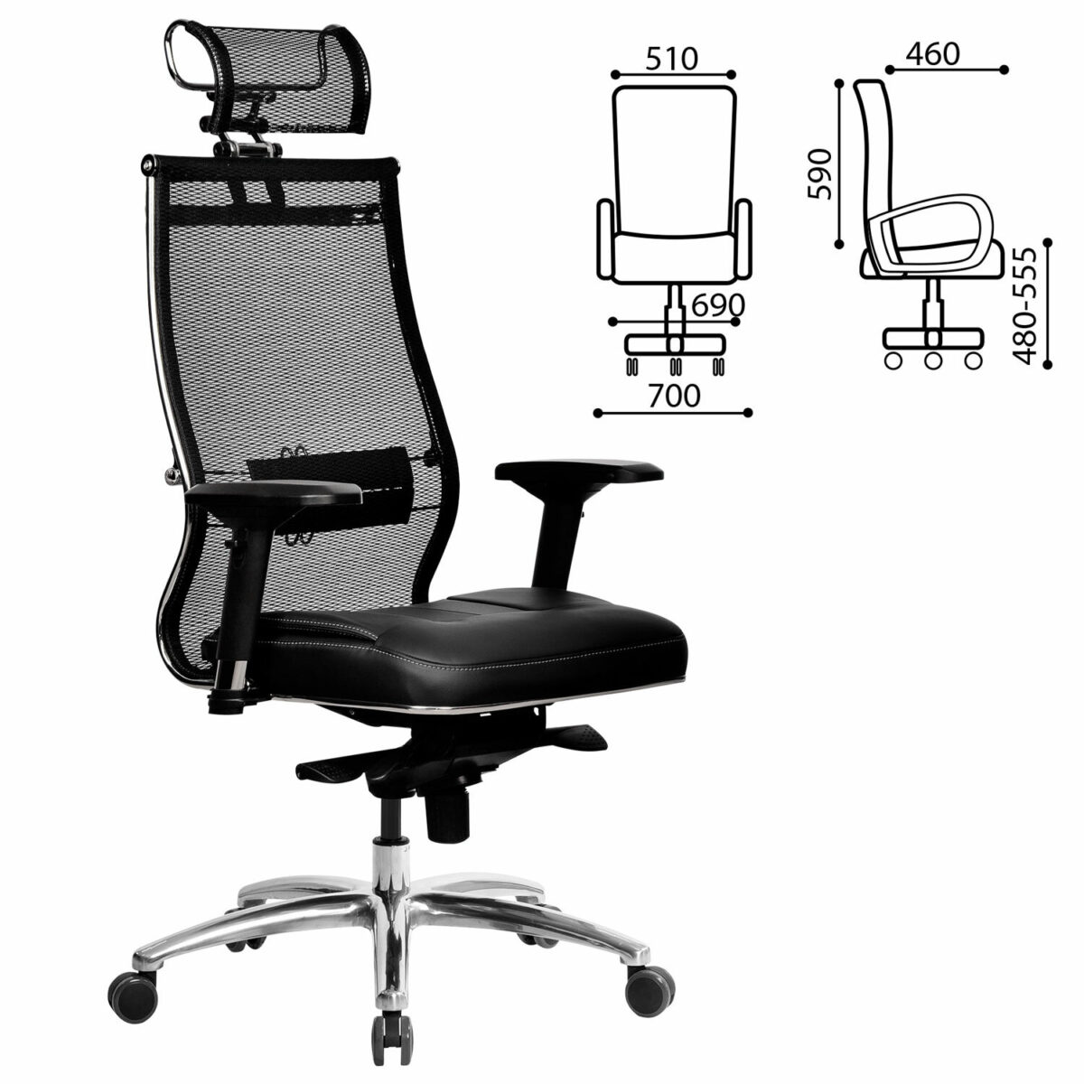 Кресло офисное МЕТТА "SAMURAI" SL-3, с подголовником, сверхпрочная ткань-сетка/экокожа, черное — изображение 3