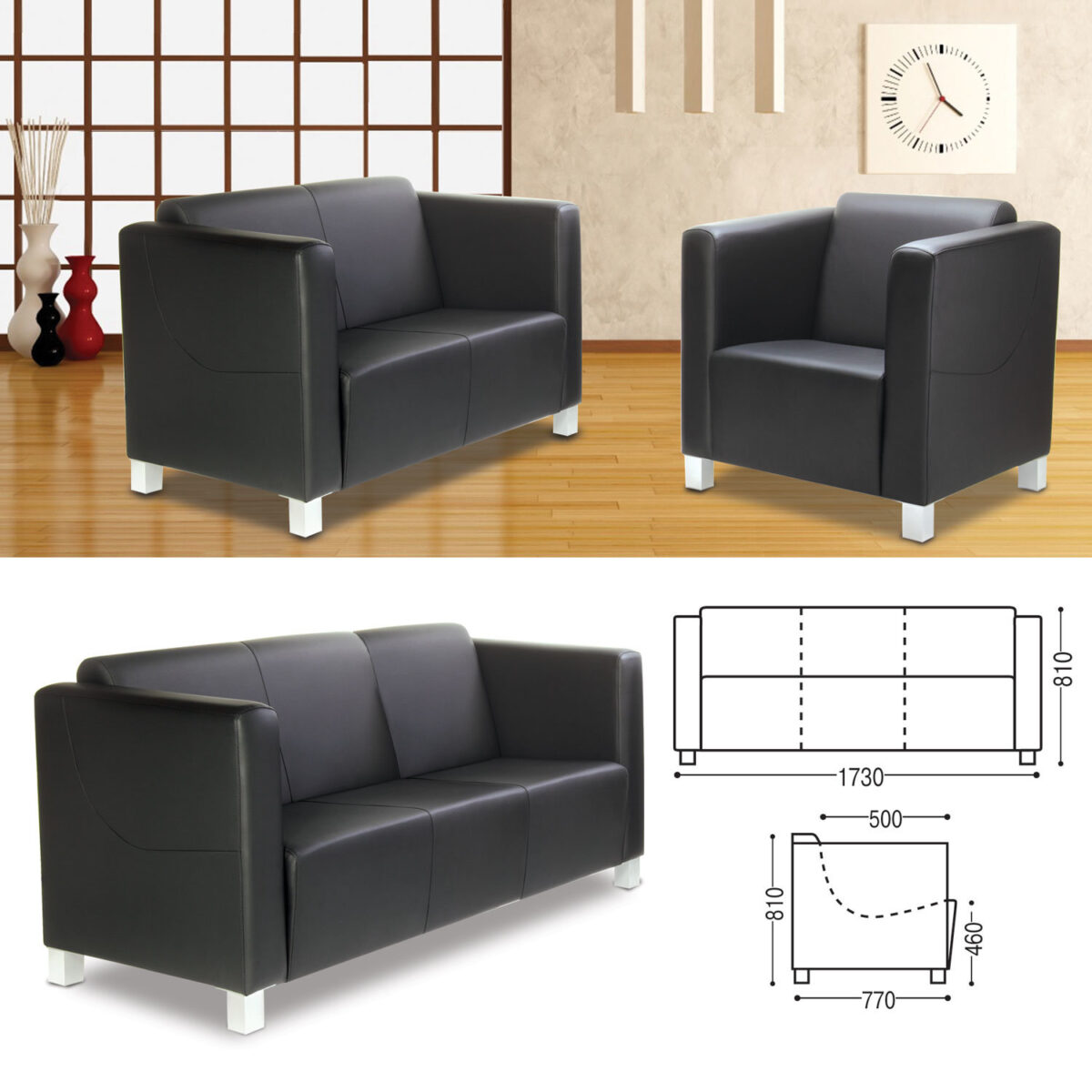 Диван мягкий трехместный "Милано", 810х1730х770 мм, c подлокотниками, экокожа, черный — изображение 1