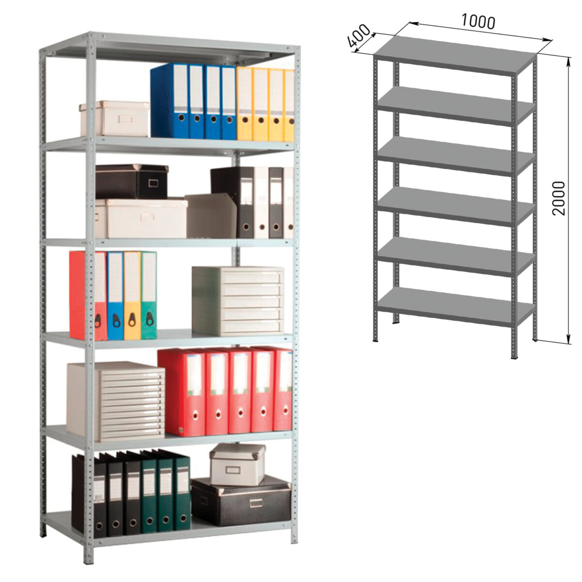 Стеллаж металлический ПРАКТИК "MS", 2000х1000х400 мм, 6 полок, MS 200/100х40/6 — изображение 1
