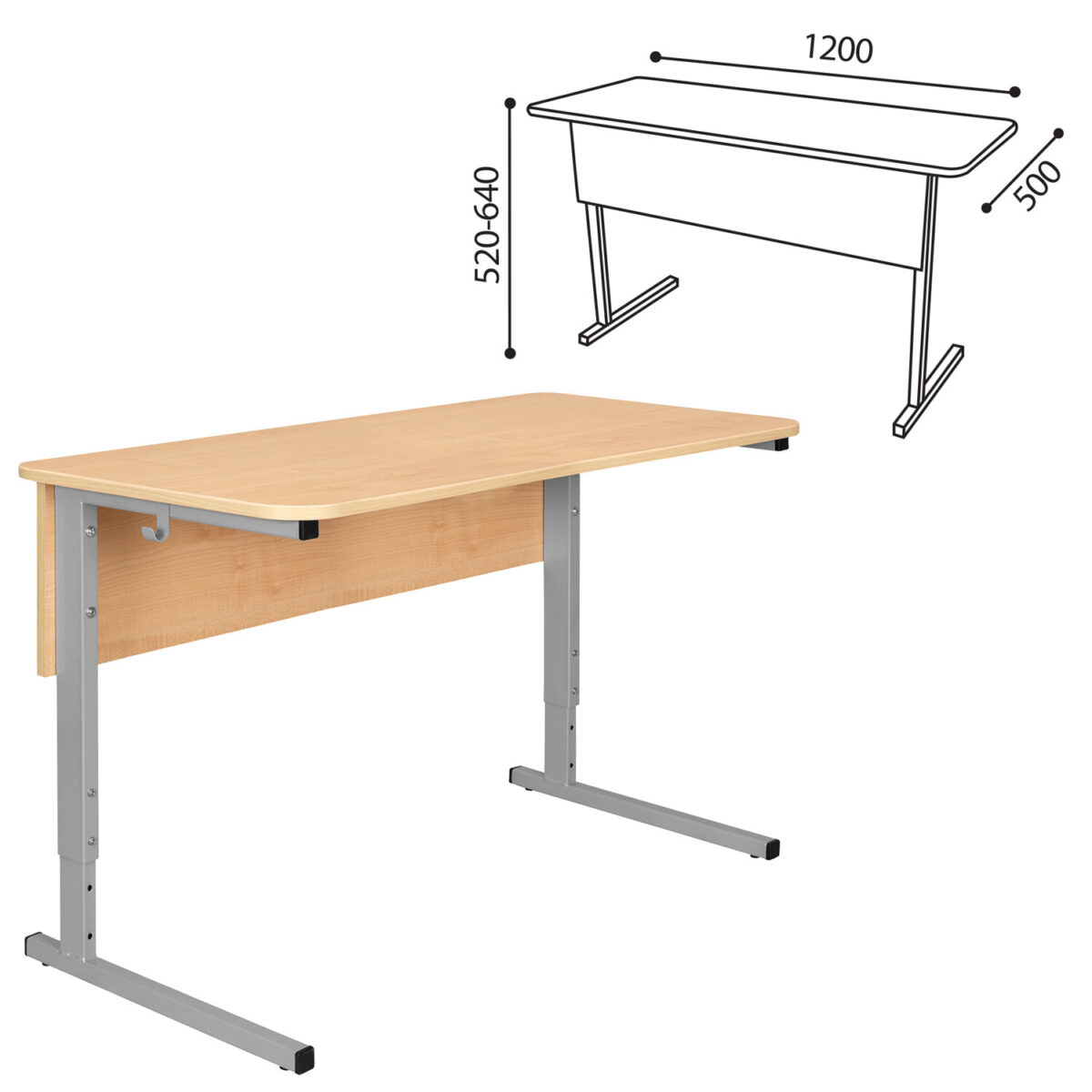 Стол-парта 2-местный регулируемый СУТ.55, 1200х500х520-640 мм, рост 2-4, серый каркас, ЛДСП клён — изображение 2