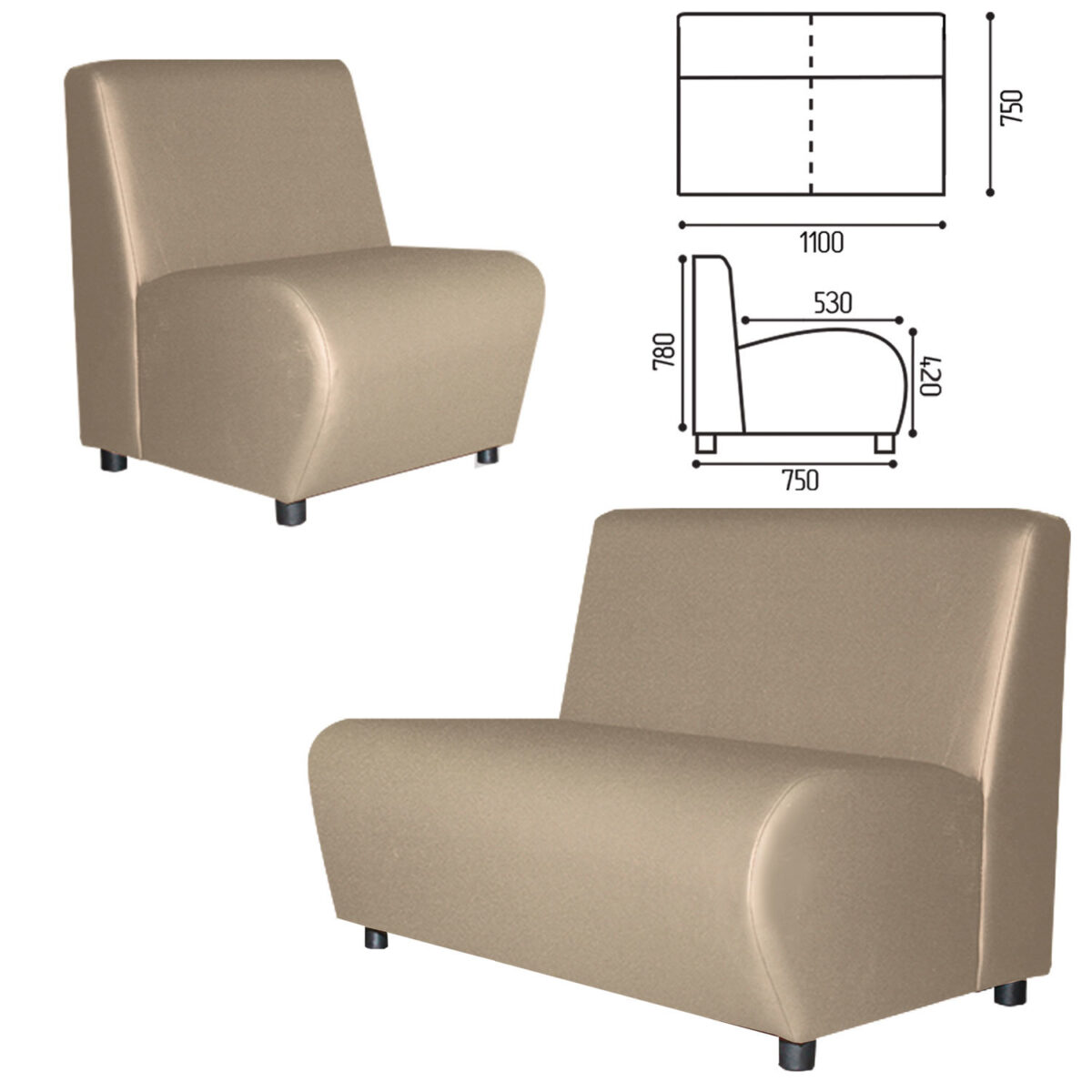 Диван мягкий двухместный "Клауд", "V-600", 1100х750х780 мм, без подлокотников, экокожа, бежевый — изображение 1