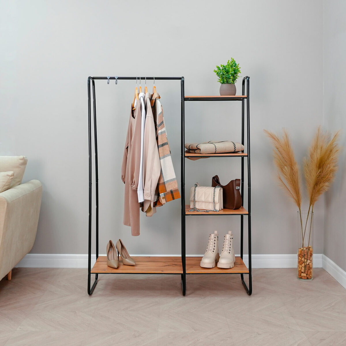 Вешалка-стеллаж "Скандинавия-1", 1470х1100х385 мм, 5 полок, металл/ЛДСП, черная/дуб, ГСС1 Ч — изображение 3