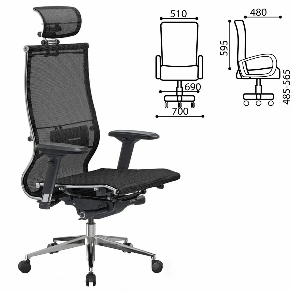 Кресло офисное МЕТТА "SAMURAI" S-3, с подголовником, сверхпрочная ткань-сетка, черное — изображение 2