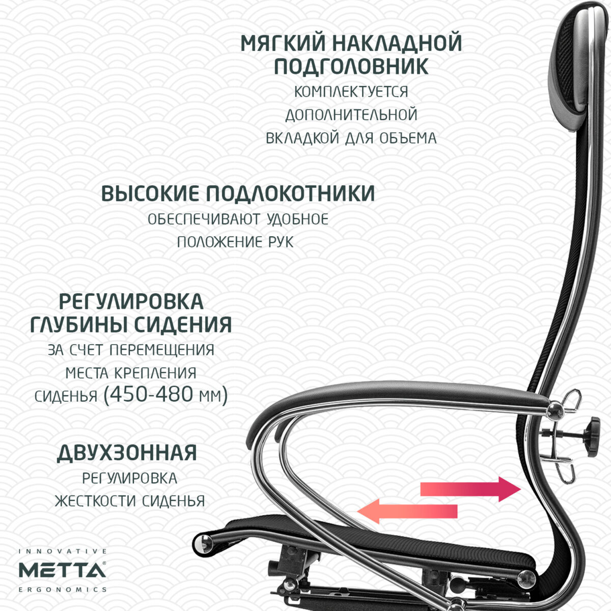Кресло офисное МЕТТА "К-12", хром, ткань-сетка, сиденье и спинка регулируемые, черное — изображение 17