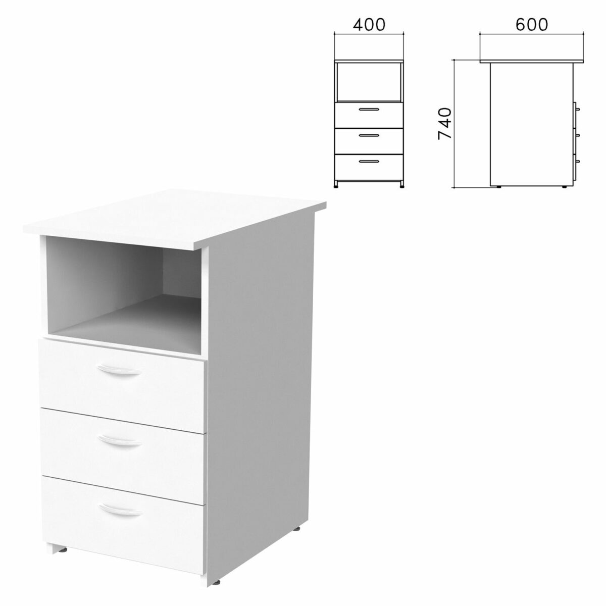Тумба приставная "Бюджет", 400х600х740 мм, 3 ящика, полка, белый, 402985-290 — изображение 1
