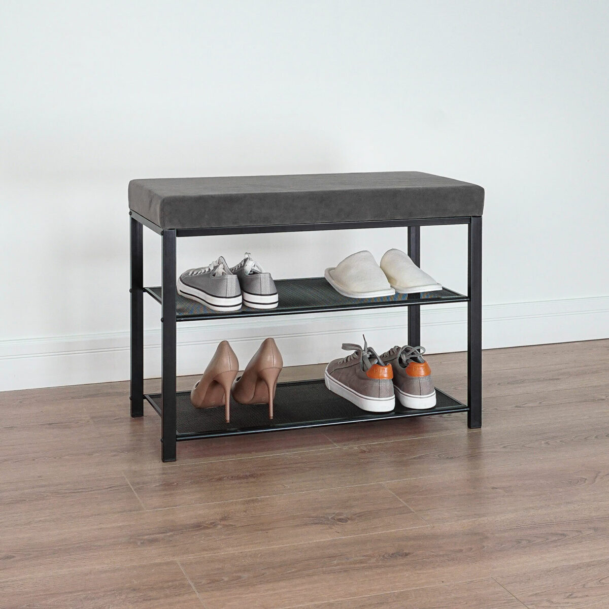 Банкетка для обуви "Торонто-23S", 670х300х490 мм, 2 полки, металл/ткань, черная/серая, БТ23СЧС — изображение 4