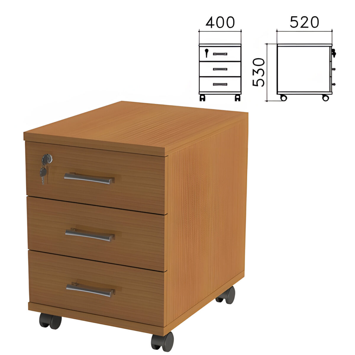 Тумба подкатная "Монолит", 400х520х530 мм, 3 ящика, замок, цвет орех гварнери, ТМ25.3 — изображение 1
