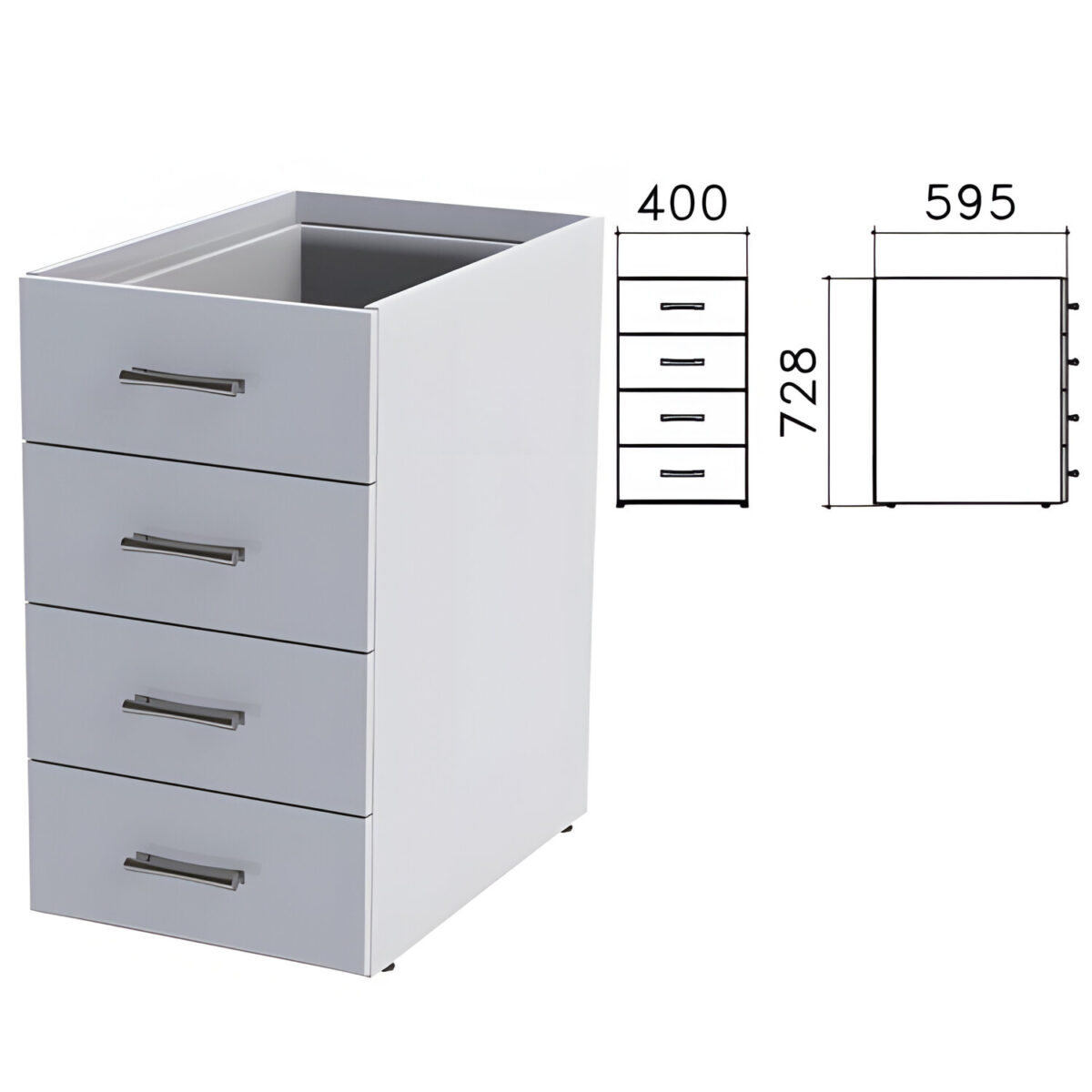 Тумба (каркас БЕЗ КРЫШКИ) приставная "Монолит", 400х595х728 мм, 4 ящика, серая, ТМ06.11 — изображение 1