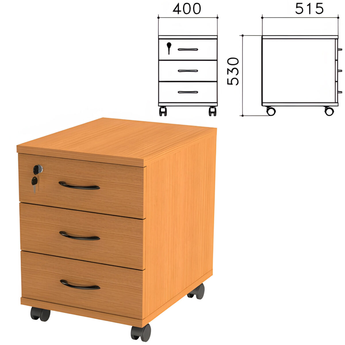 Тумба подкатная "Фея", 400х515х530 мм, 3 ящика, замок, цвет орех милан, ТФ07.5 — изображение 1