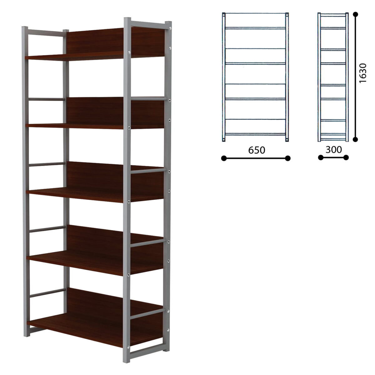 Стеллаж на металлокаркасе, 1630х650х300 мм, серый каркас, 5 полок ЛДСП орех, Д-343 — изображение 1