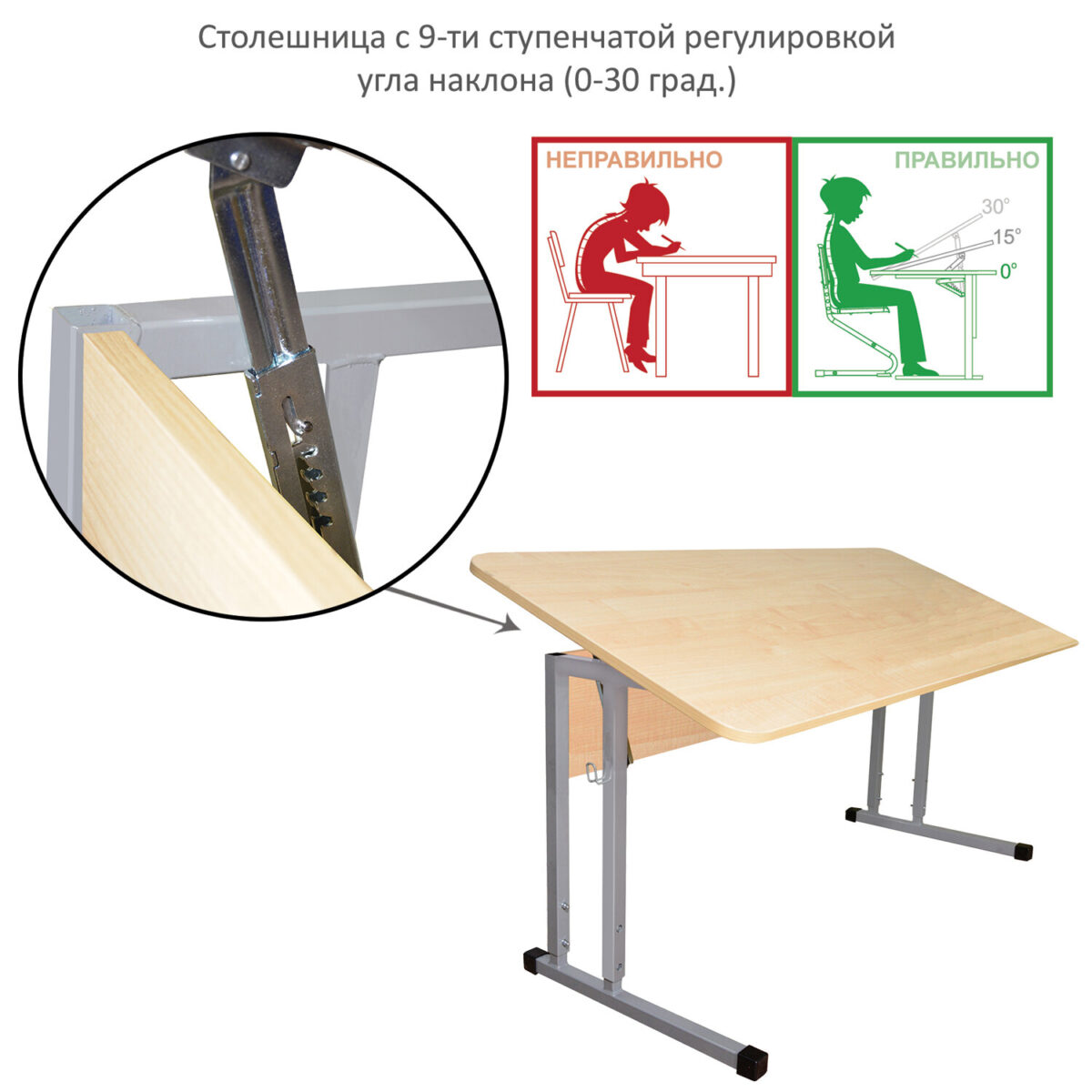 Стол-парта 2-местный, регулируемый угол, "Умник" 1200х500х520-640мм, рост 2-4, серый каркас, ЛДСП клён — изображение 5
