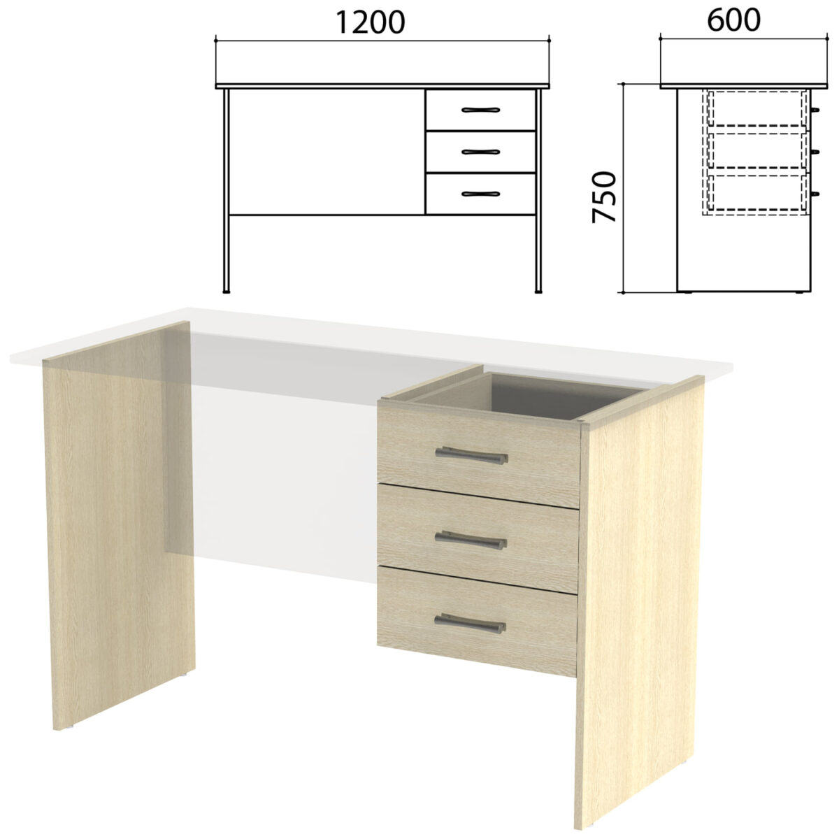 Каркас к столам письменным с тумбой "Канц" 1200х600х750 мм, цвет дуб молочный, СК27.15.2 — изображение 1