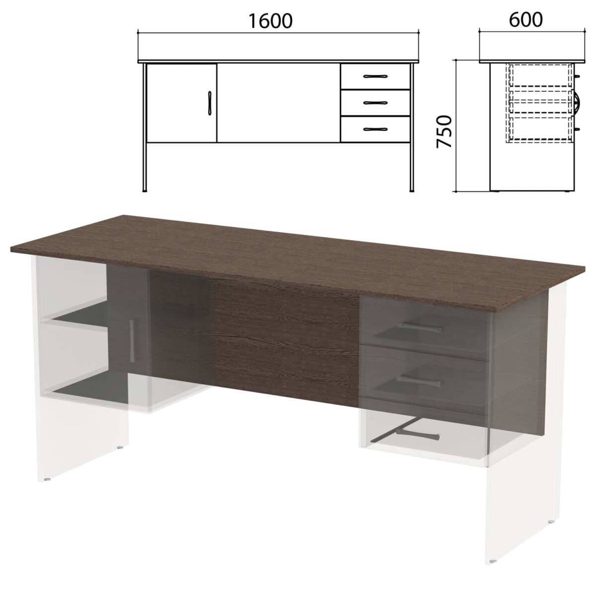 Столешница, царга стола письменного с 2 тумбами "Канц" 1600х600х750 мм, венге, СК28.16.1 — изображение 1