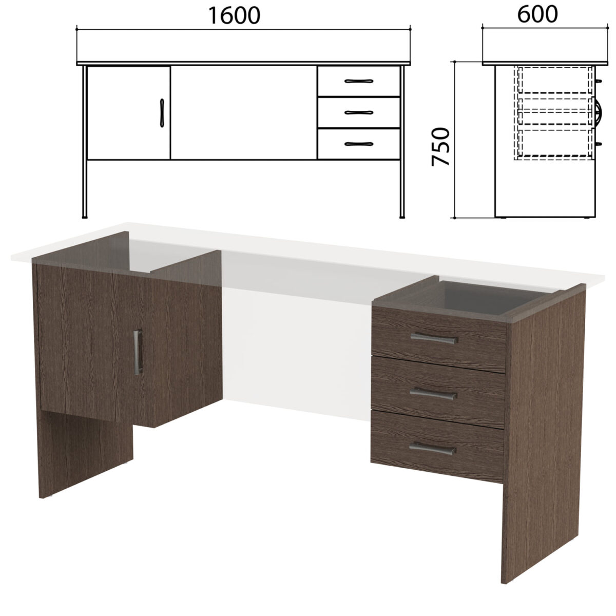 Каркас к столам письменным с 2 тумбами "Канц" 1600х600х750 мм, цвет венге, СК29.16.2 — изображение 1