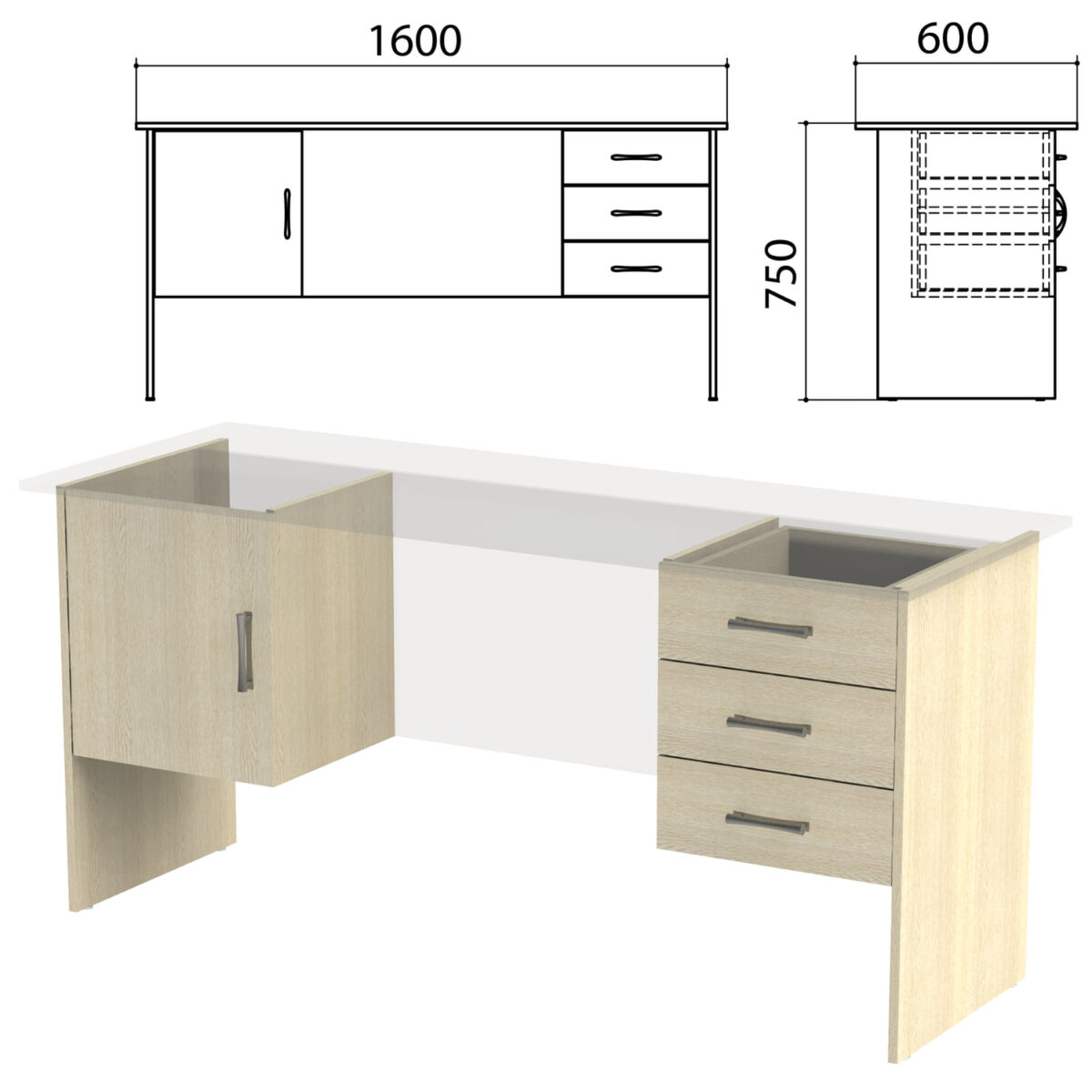 Каркас к столам письменным с 2 тумбами "Канц" (ш1600*г600*в750 мм), дуб молочный, СК29.15.2 — изображение 1