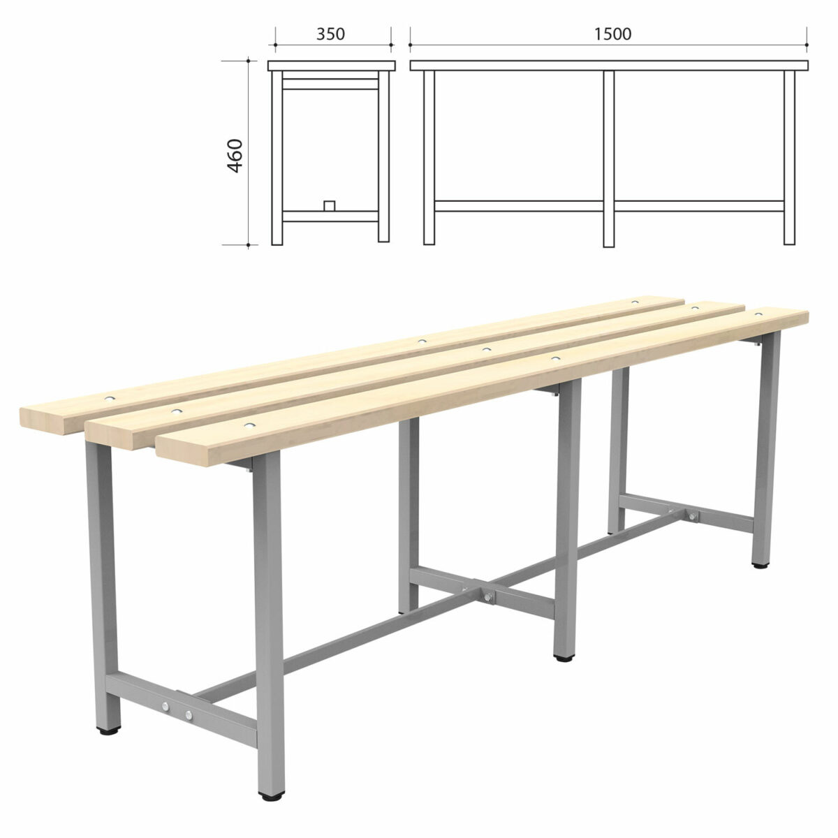 Скамья деревянная на металлокаркасе "СТ 3", 1500х350х460 мм, регулируемые опоры, каркас металлический серый, сиденье дерево — изображение 1