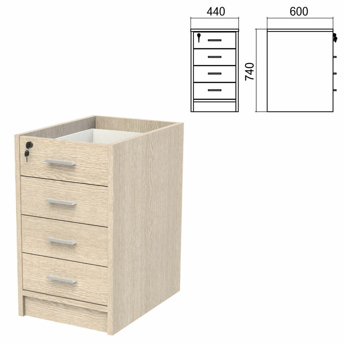 Тумба (каркас БЕЗ КРЫШКИ) приставная "Арго", 440х600х740 мм, 4 ящика, замок, ясень шимо — изображение 1