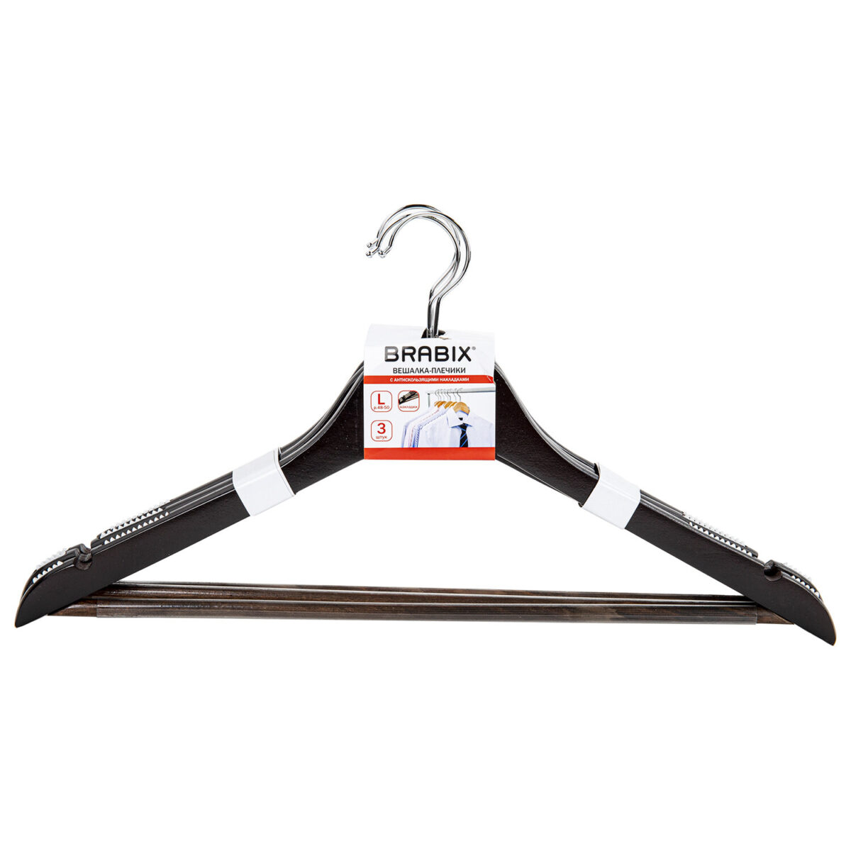 Вешалки-плечики с антискользящими накладками, КОМПЛЕКТ 3 штуки, размер 48-50, дерево, BRABIX, 607476 — изображение 6