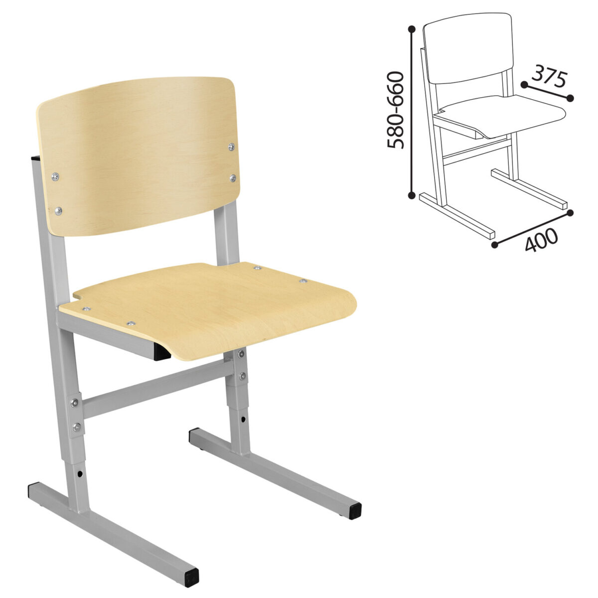 Стул ученический регулируемый СУТ.05, 400х375х580-660 мм, рост 2-4, серый каркас, фанера лак — изображение 3