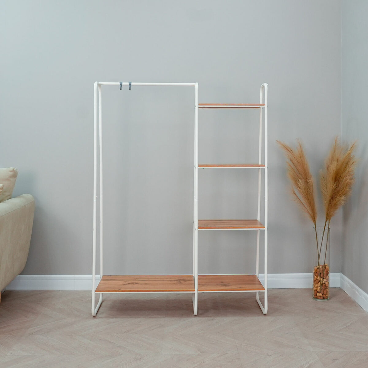 Вешалка-стеллаж "Скандинавия-1", 1470х1100х385 мм, 5 полок, металл/ЛДСП, белая/дуб, ГСС1 Б — изображение 5
