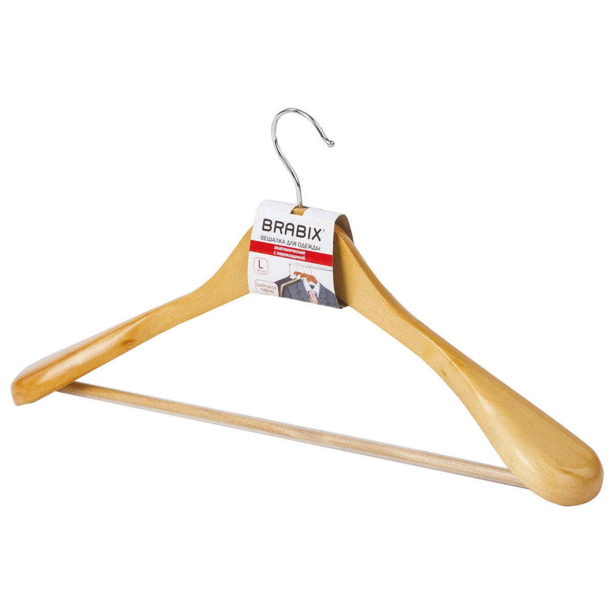 Вешалка-плечики, размер 48-50, деревянная, анатомическая, перекладина, цвет сосна, BRABIX "Люкс", 601163 — изображение 1