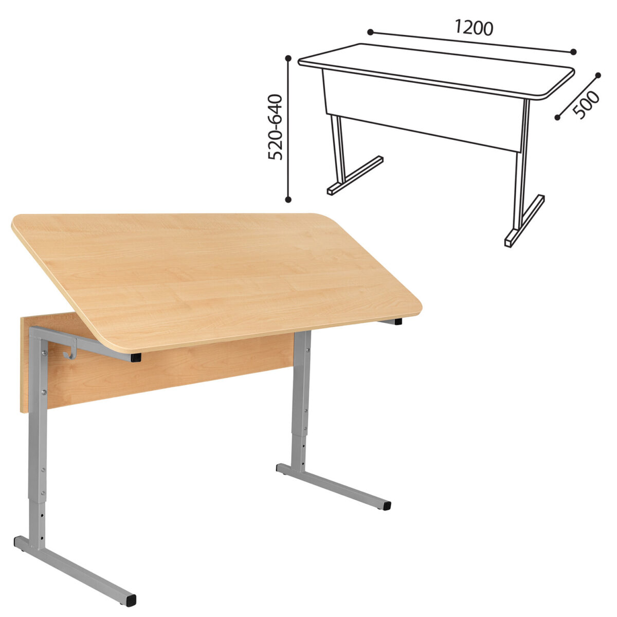 Стол-парта 2-местный, регулируемый угол, СУТ.55-01, 1200х500х520-640 мм, рост 2-4, серый каркас, ЛДСП клён — изображение 3