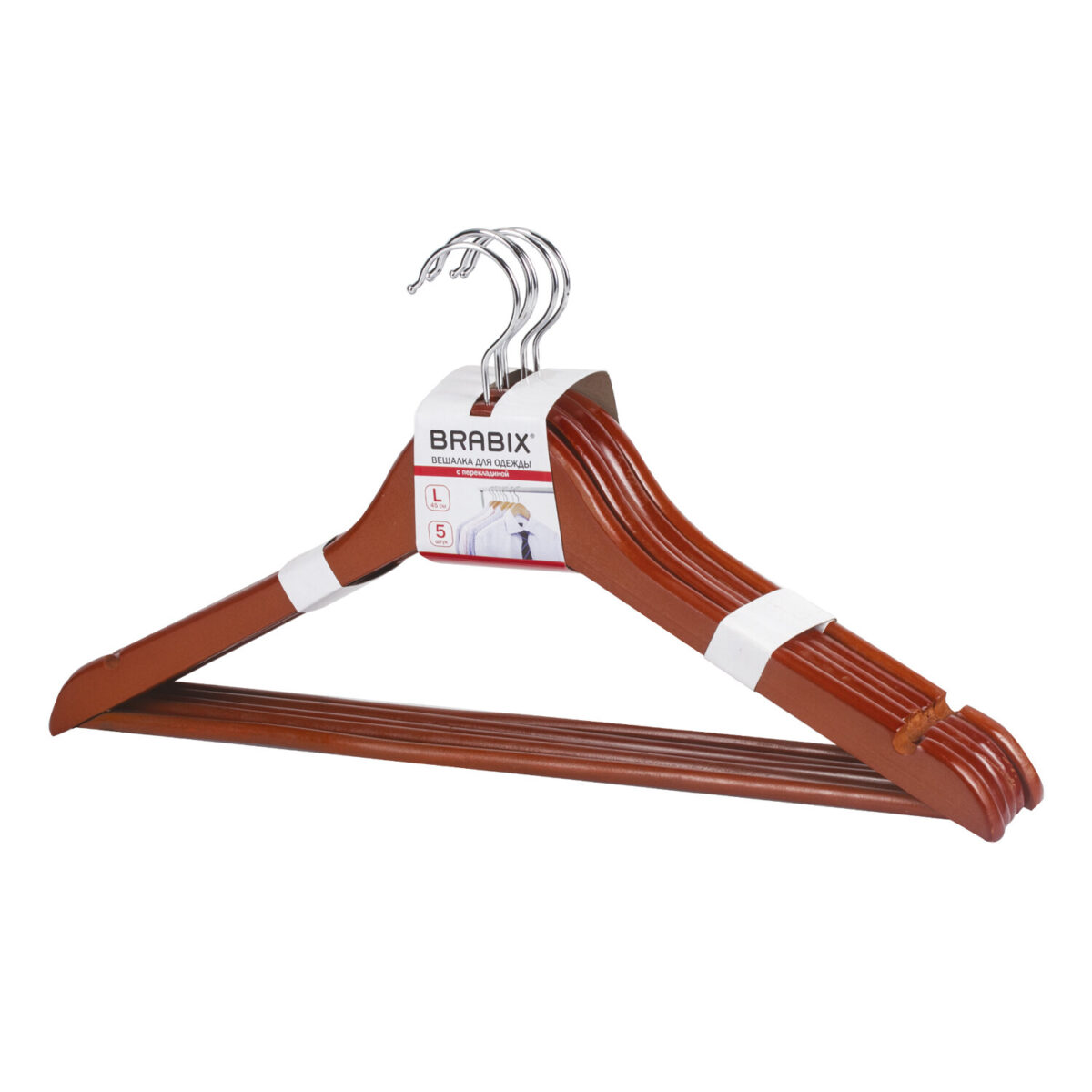 Вешалки-плечики, размер 48-50, КОМПЛЕКТ 5 шт., дерево, перекладина, цвет вишня, BRABIX "Стандарт", 601161 — изображение 1