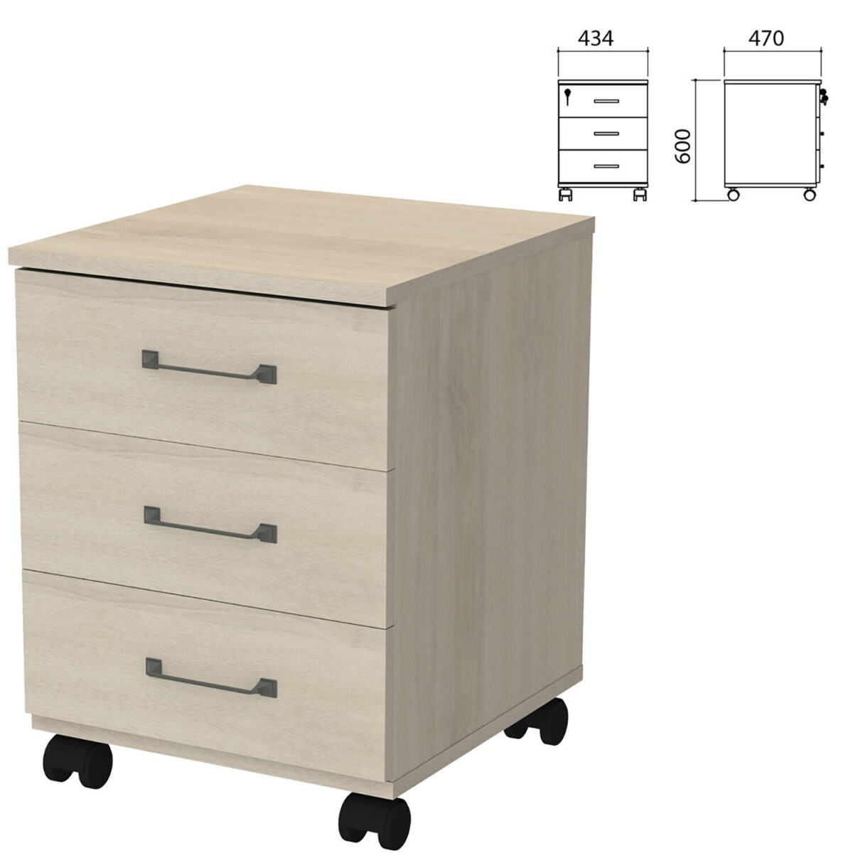 Тумба подкатная "Приоритет", 434х470х600 мм, 3 ящика, замок, кронберг, К-923, К-923 кронберг — изображение 1