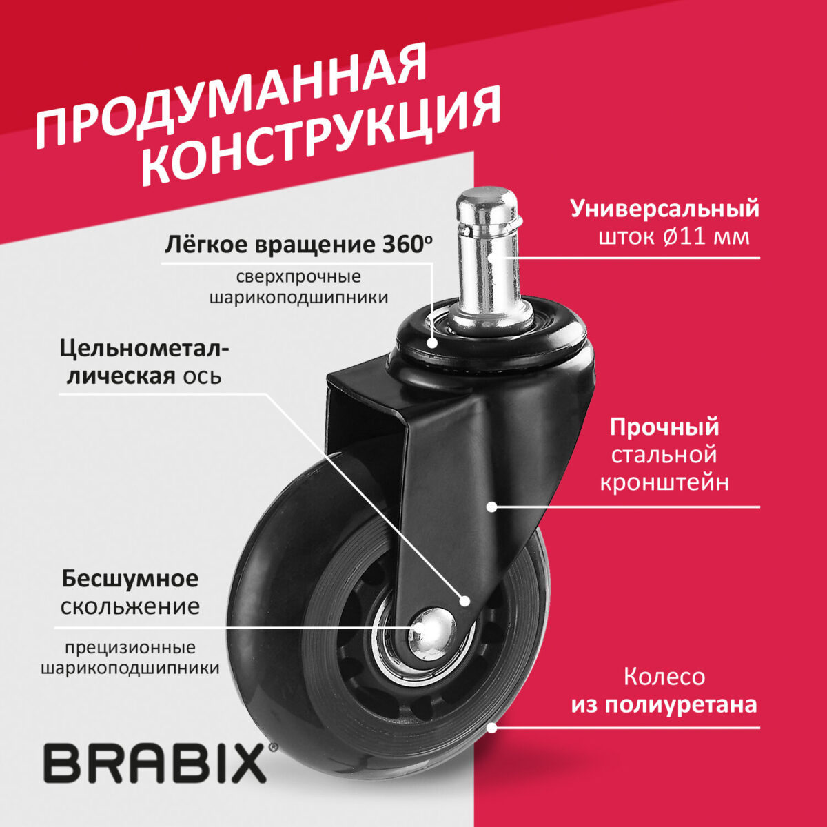 Колеса (ролики) BRABIX для кресла мягкие, резиновые, d 64 мм, КОМПЛЕКТ 5 шт., шток d 11 мм, в коробе, 533087 — изображение 14