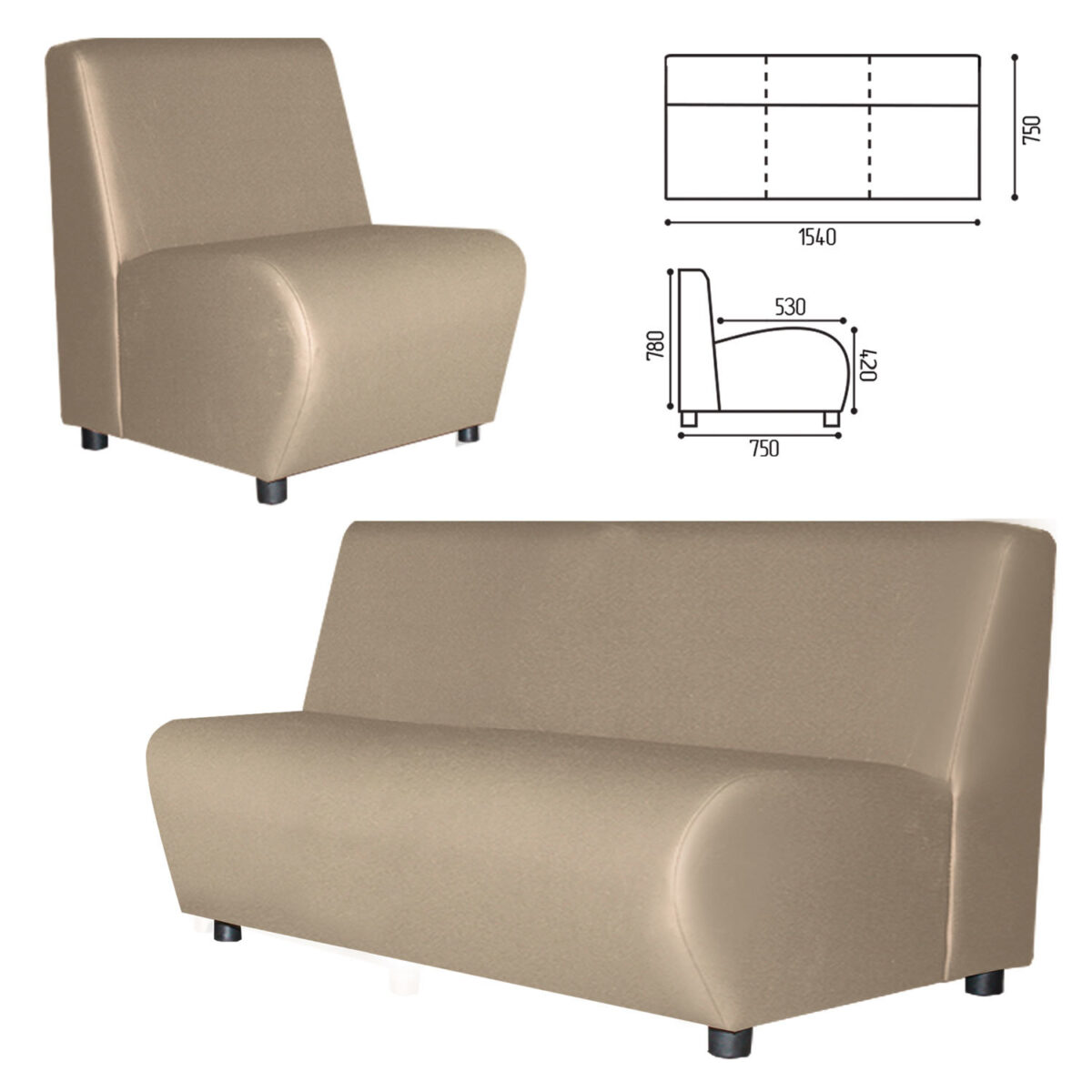 Диван мягкий трехместный "Клауд", "V-600", 1540х750х780 мм, без подлокотников, экокожа, бежевый — изображение 1