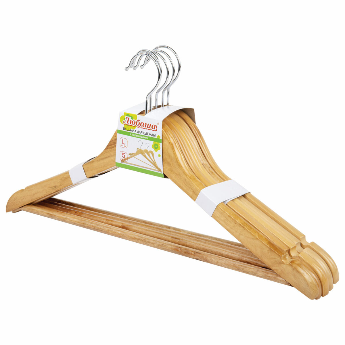 Вешалки-плечики, размер 48-50, КОМПЛЕКТ 5 шт., деревянная, перекладина, цвет сосна, ЛЮБАША Эконом, 604895 — изображение 1