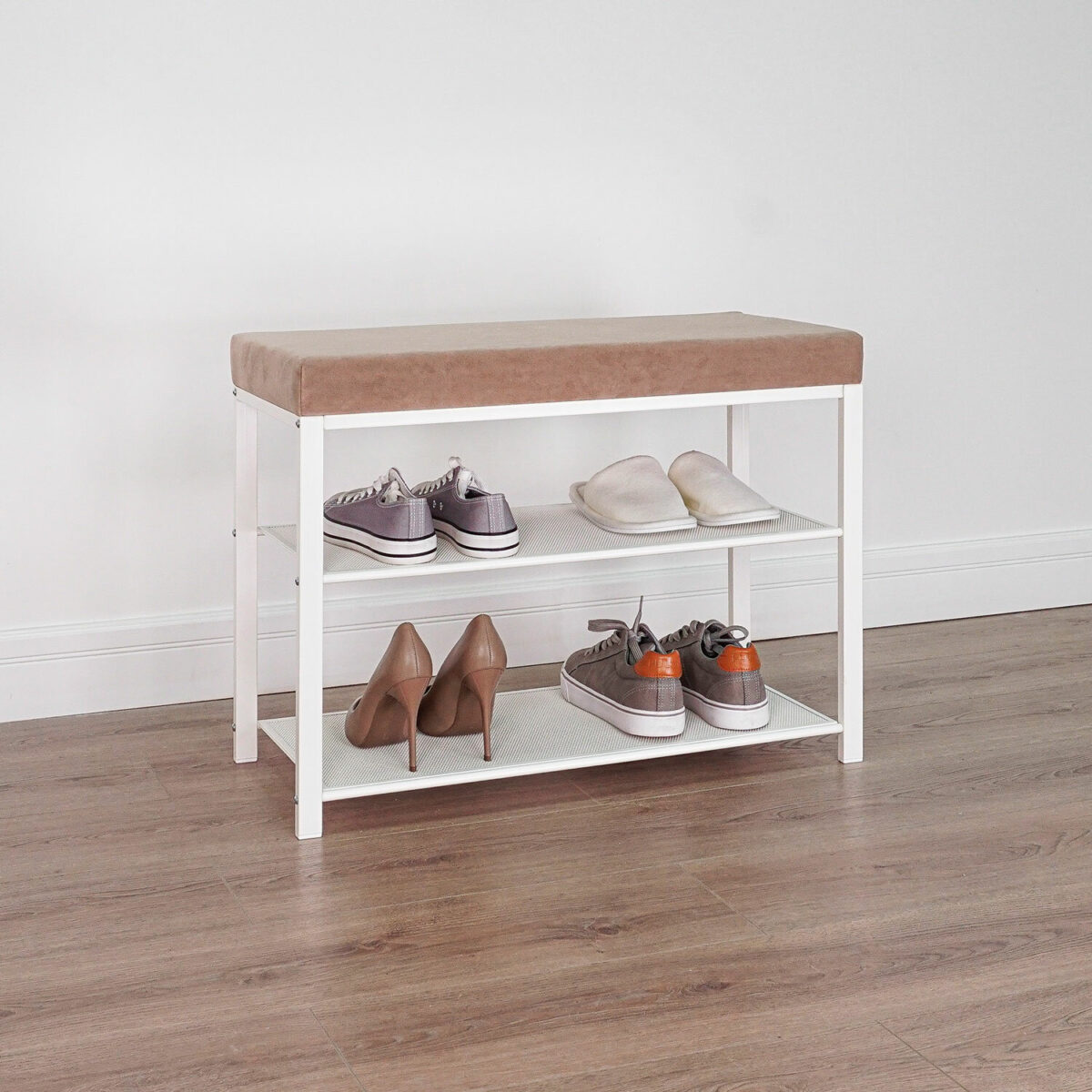 Банкетка для обуви "Торонто-23S", 670х300х490 мм, 2 полки, металл/ткань, белая/бежевая, БТ23СББ — изображение 5