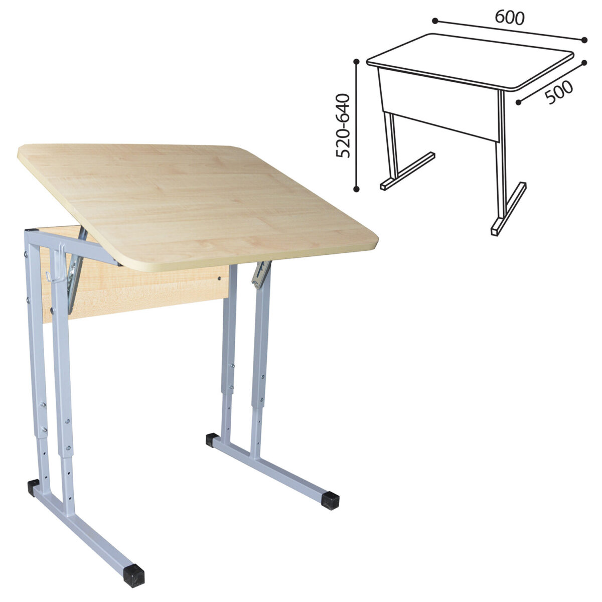 Стол-парта 1-местный, регулируемый угол, "Умник", 600х500х520-640 мм, рост 2-4, серый каркас, ЛДСП клён — изображение 7