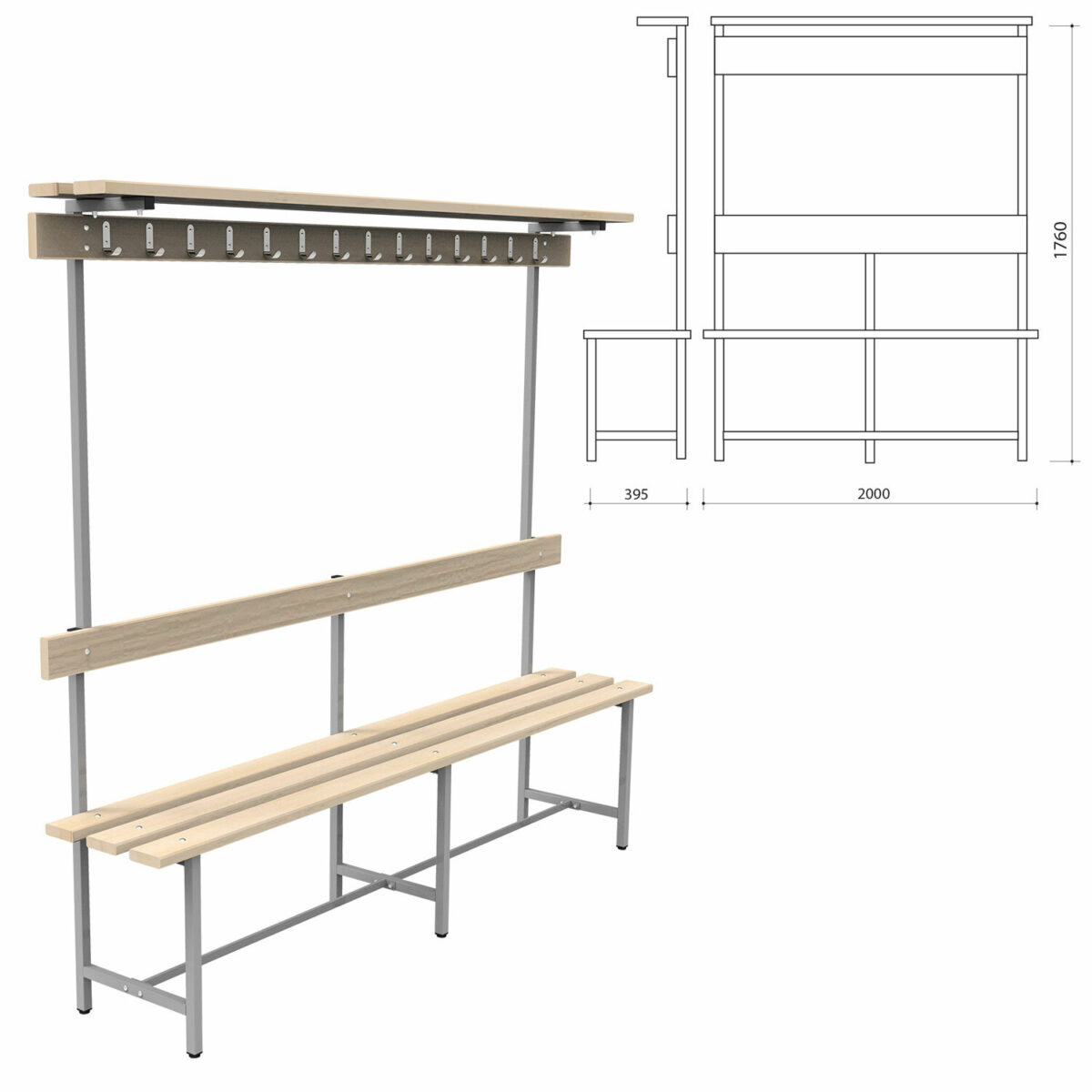 Скамья с вешалкой, спинкой и полкой "СВТ 9", 1760х2000х395 мм, 14 крючков, регулируемые опоры, каркас металлический серый, сиденье дерево — изображение 1