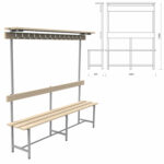 Скамья с вешалкой, спинкой и полкой "СВТ 9", 1760х2000х395 мм, 14 крючков, регулируемые опоры, каркас металлический серый, сиденье дерево